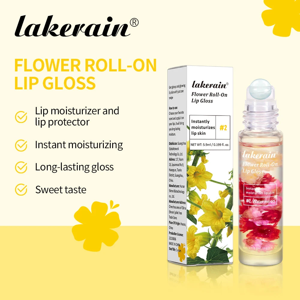 Lakerain Flower Roll-On Lip Gloss Fruit Flavor Sweet Taste Soften Lip Skin Long Lasting Gloss Deep Moisturizing Bright Gloss