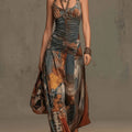 Western Retro Patchwork Print Halter Long Dress Women Ruched Bust Side Slit Bodycon Bohemian Beach Maxi Dress