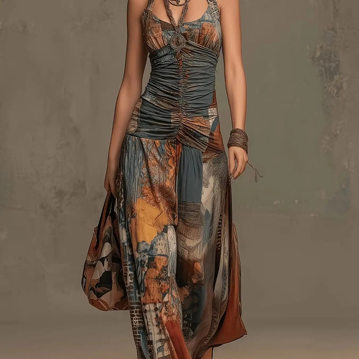 Western Retro Patchwork Print Halter Long Dress Women Ruched Bust Side Slit Bodycon Bohemian Beach Maxi Dress