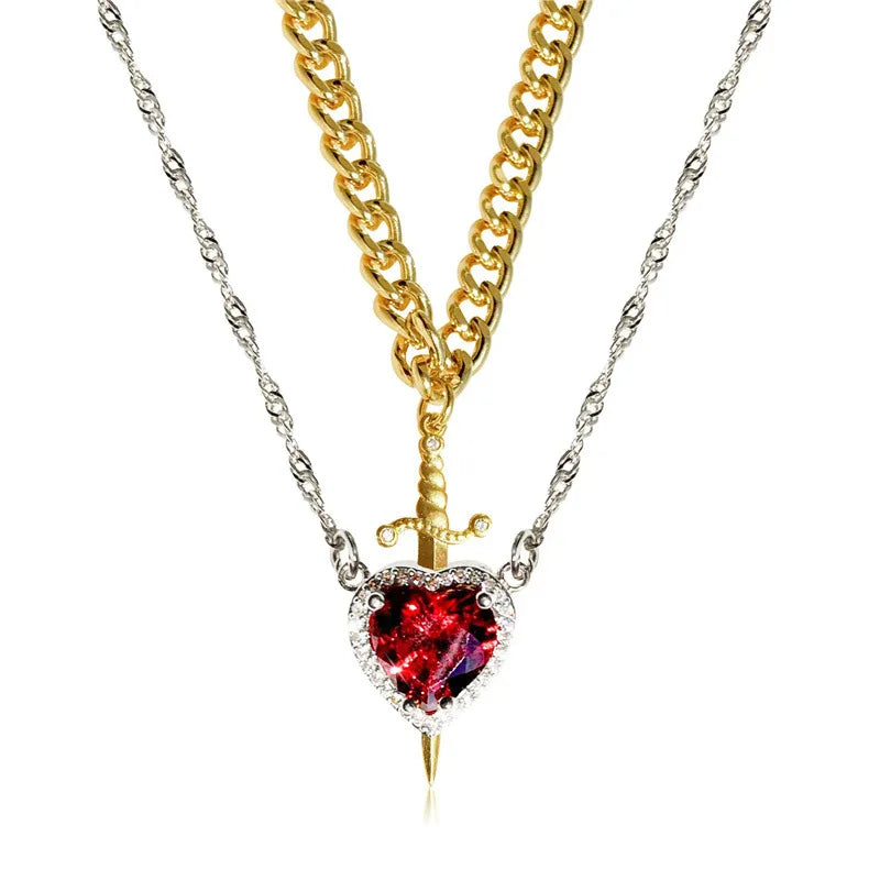 Heart And Sword Necklace Couple Necklaces Zircon Crystal Ring Bracelet Necklace Jewelry Set For Romantic Valentine'S Day Gifts