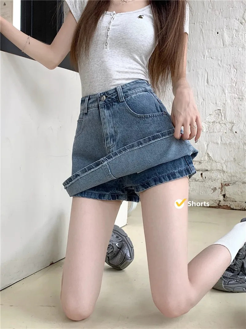 Elegant American Style High Waist A-Line Denim  Skirt Women's Fashionable Slimming Short Skirt Pants Skirt