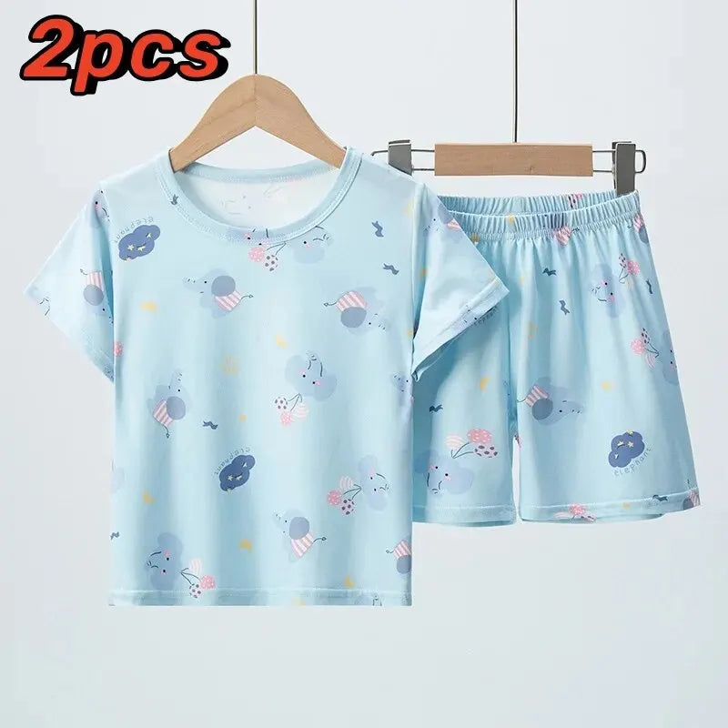 Summer Children'S Clothing Short Sleeve Shorts 2-Piece Suit For Boys And Girls Comfortable Wild Blue Elephant Suit.