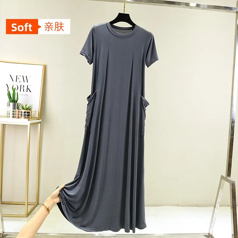Casual Modal Sleep Dress Women Summer Large Size round Neck over Knee Long Dress Loose Slimming Short Sleeve Dress
