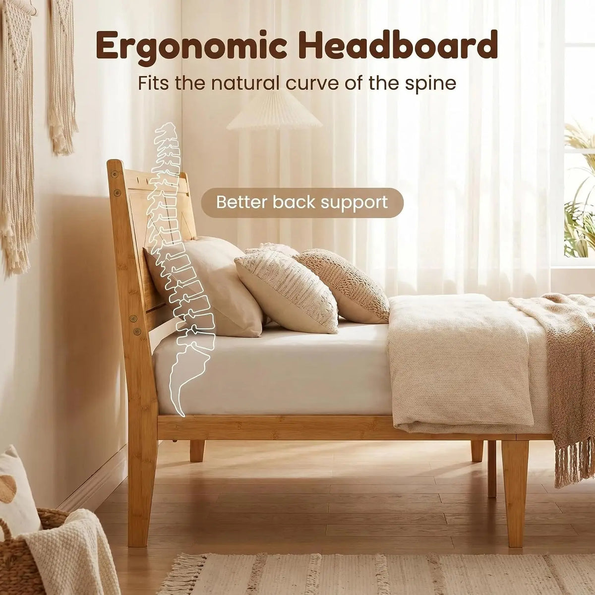 Bamboo Wood Queen Bed Frame with Ergonomic Slant Headboard