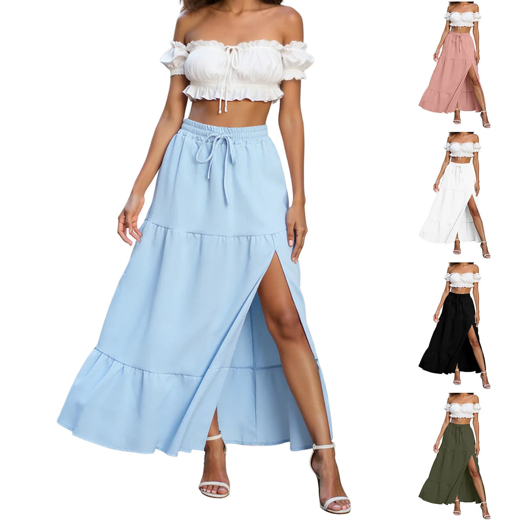 Women Flowing A Line Long And Wide Leg Skirt Summer Casual Pure Color Elastic Waistband A Shaped Pattern Bohemian Skirt. Beach