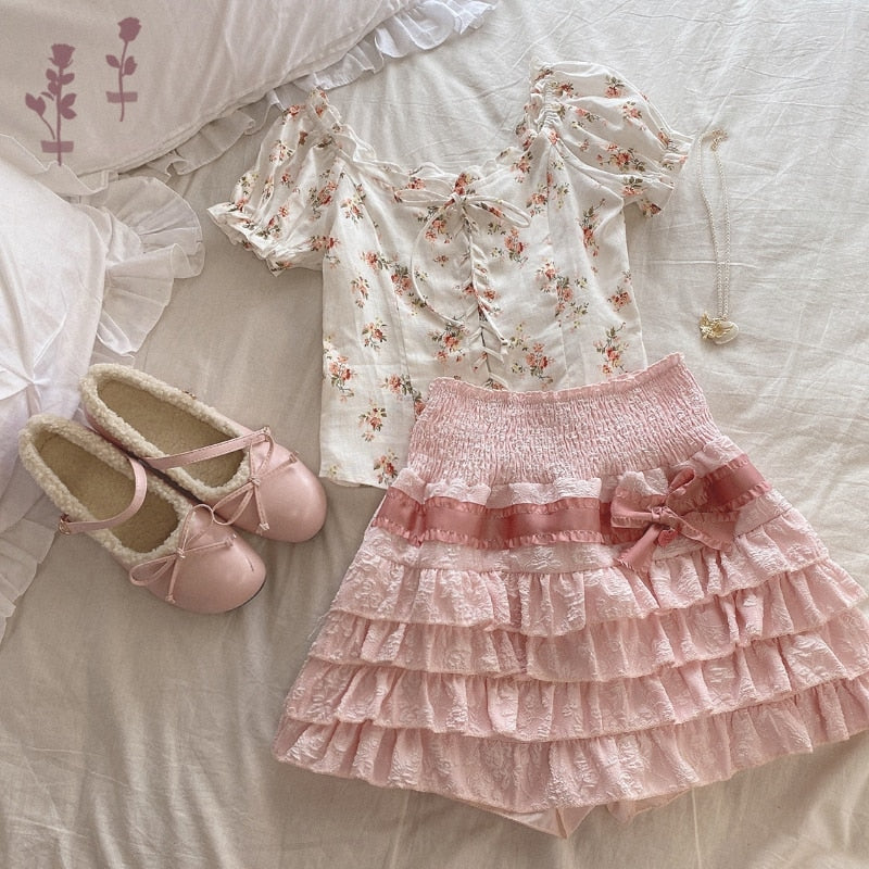 Gaono Lolita Cake Mini Skirts Women Japanese A-line High Waist Pleated Skirt Girly Kawaii Love Y2k Layered Skirts Fairy Outfit