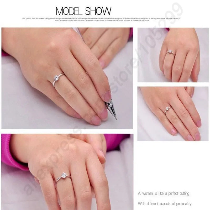 Elegant Classic Real 925 Sterling Silver Finger Rings Jewelry Crystal Cubic Zircons 6 Claws Women'S Wedding Anillos
