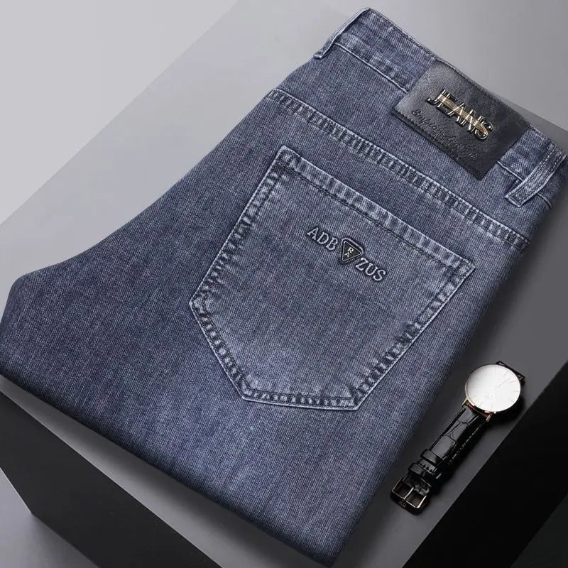 New Men Spring Summer Business Stretch Jeans Male Fashion High Waist Straight Leg Loose Casual Denim Pants Smoke Gray Trousers