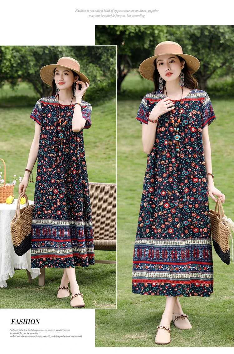 New Fashion Casual 2025 Summer Elegant Dresses For Women O-Neck Print Vintage Short Sleeve Dress Loose Women Clothing
