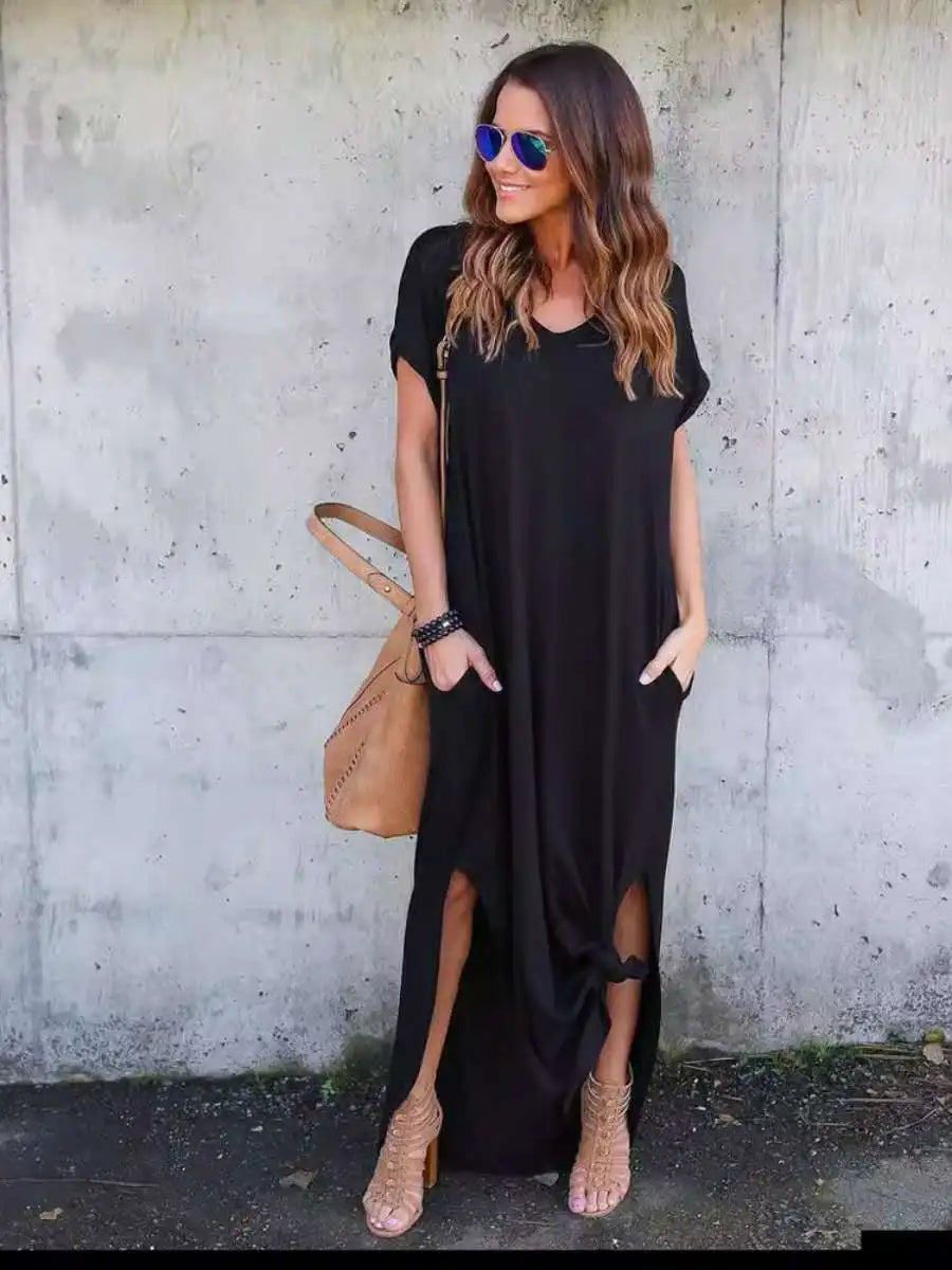 Pure Color Splice Short Sleeve V-Neck Slit Long Dress Loose Fit Women's Summer Cotton Polyester Maxi Dress Citywalk