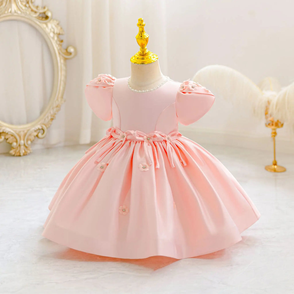 HETISO Baby Girls Dress Ribbon Bow Newborn Princess Party Ball Gown Satin Pearls Kids 1 Years Birthday Wedding Costume