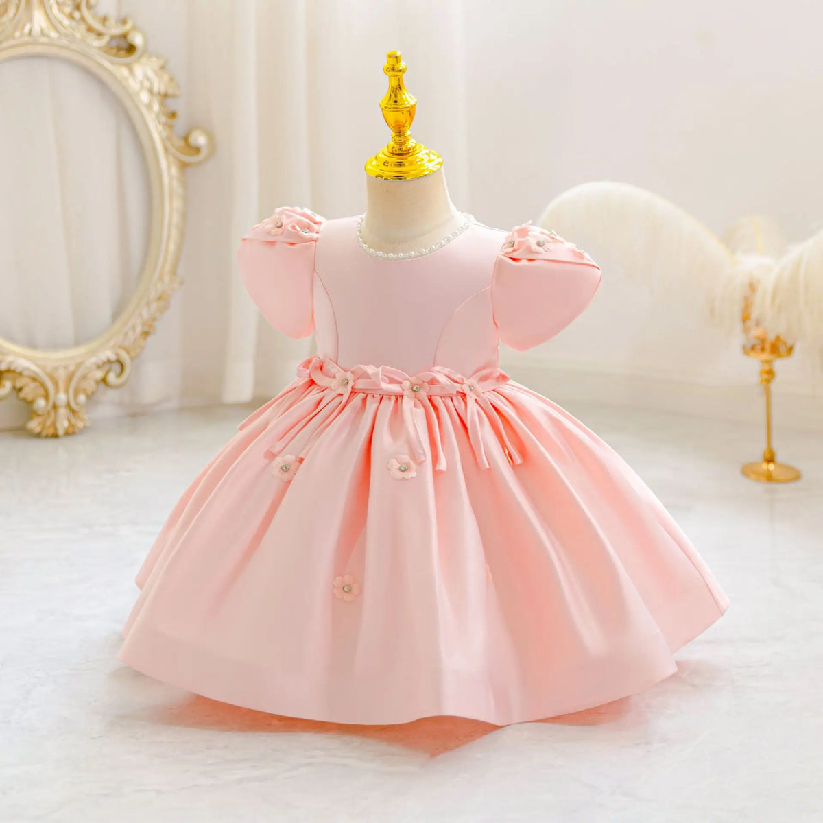 HETISO Baby Girls Dress Ribbon Bow Newborn Princess Party Ball Gown Satin Pearls Kids 1 Years Birthday Wedding Costume