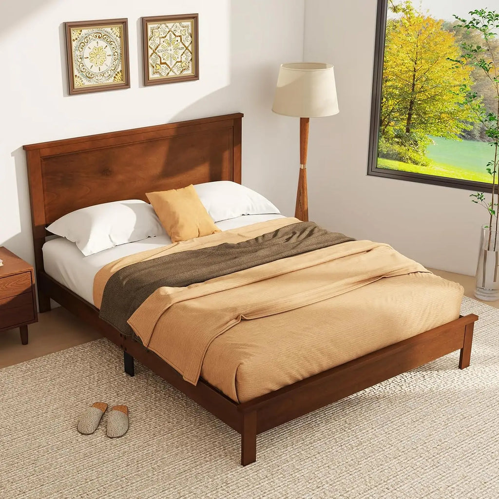Queen Size Wood Platform Bed Frame with Headboard, Wooden Mid Century Platform Bed with Slat Support & Under Bed, Customized