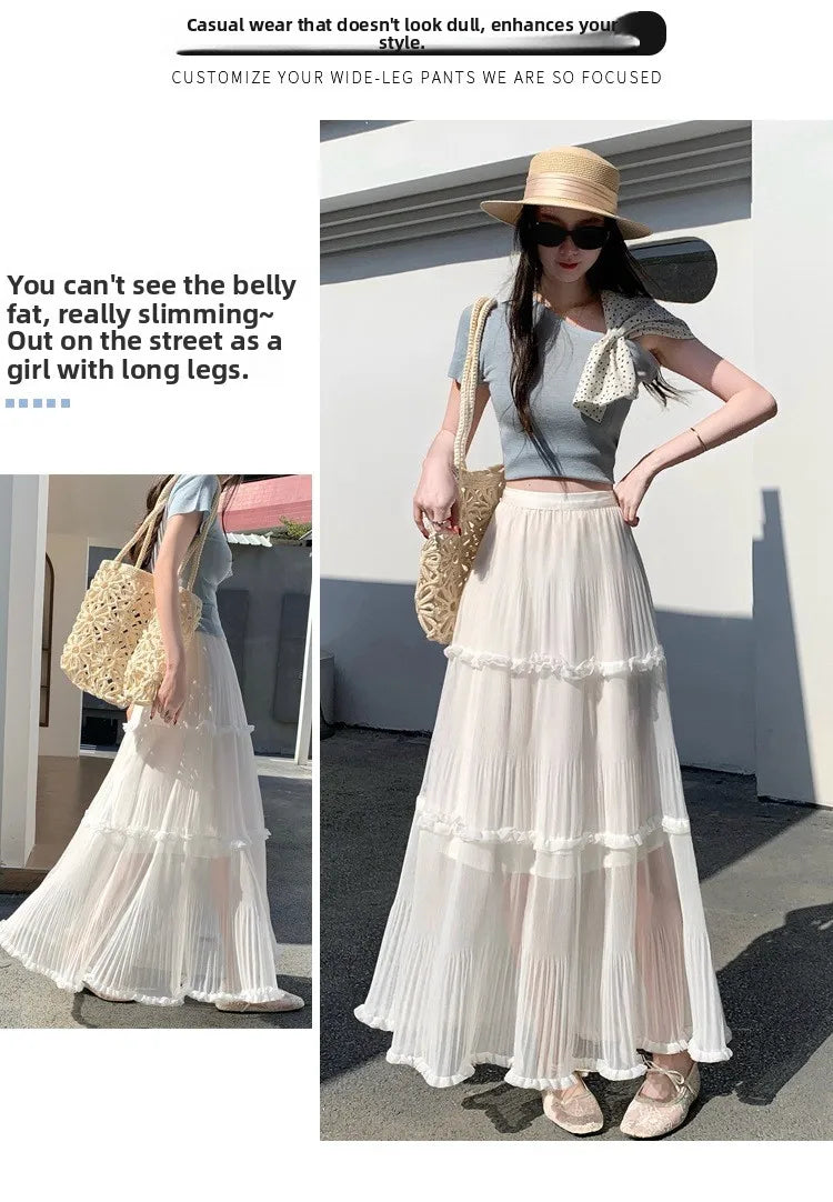 Sweet Pleated Half Skirt Korean Style Holiday Photo Long Atmosphere Spring Summer Cotton Blend Polyester Fiber Midi Skirt