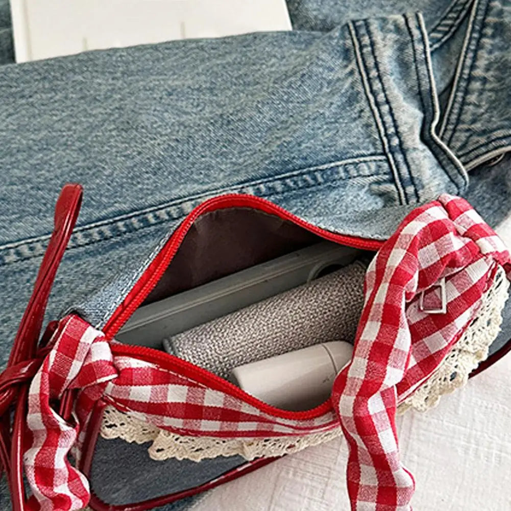 Fashion Grid Women Bag Lace Ribbon Stretchable Shoulder Strap Single Shoulder Underarm Bag Daily Commuting Student Handbag