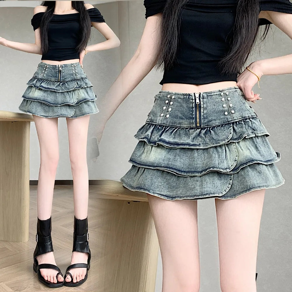 Summer Retro 2026 Korean Fashion Vacation Versatile Sexy Denim Cake Pleated Mini Skirt Women's High Waist Ruffle Short Skirt