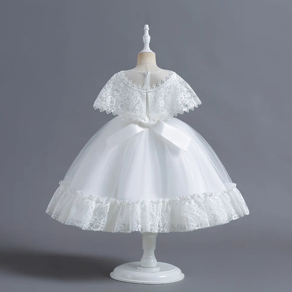 Criss-Cross Lace Girl Bridesmaid Dresses For Christmas White Kid's Party Dress Beading Tulle Children's Ceremony Evening Frocks