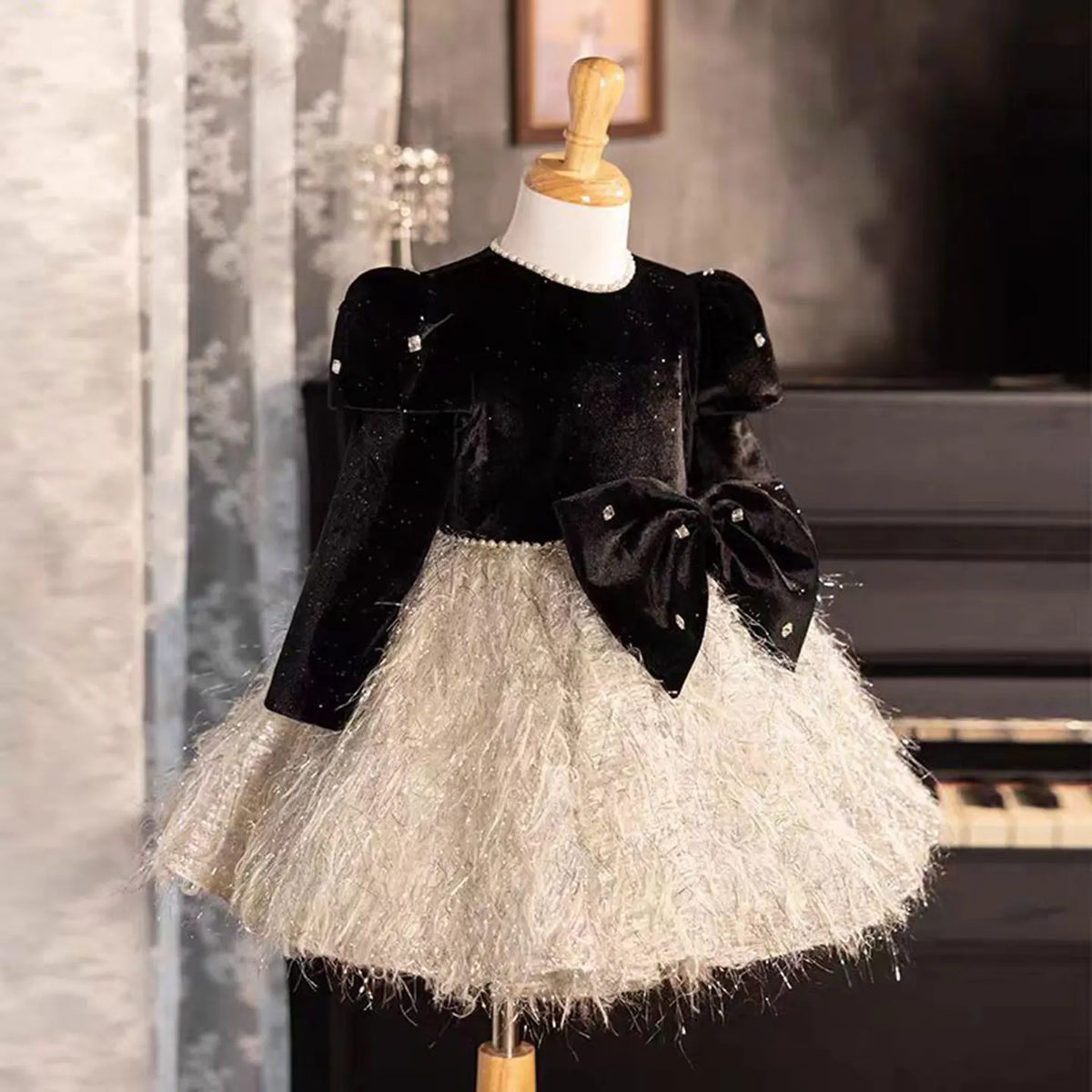 Dreamy Vow J724 Glamorous Girl Dress Long Sleeved Feather Bowed for Kids Holiday Birthday Party Princess Knee Length Ball Gown