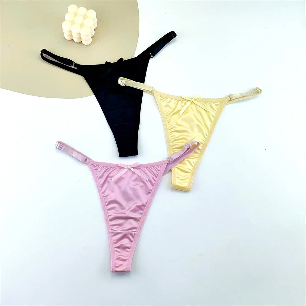 3PCS Women's Adjustable Satin G-String Thong Panties - Low-Rise Bow