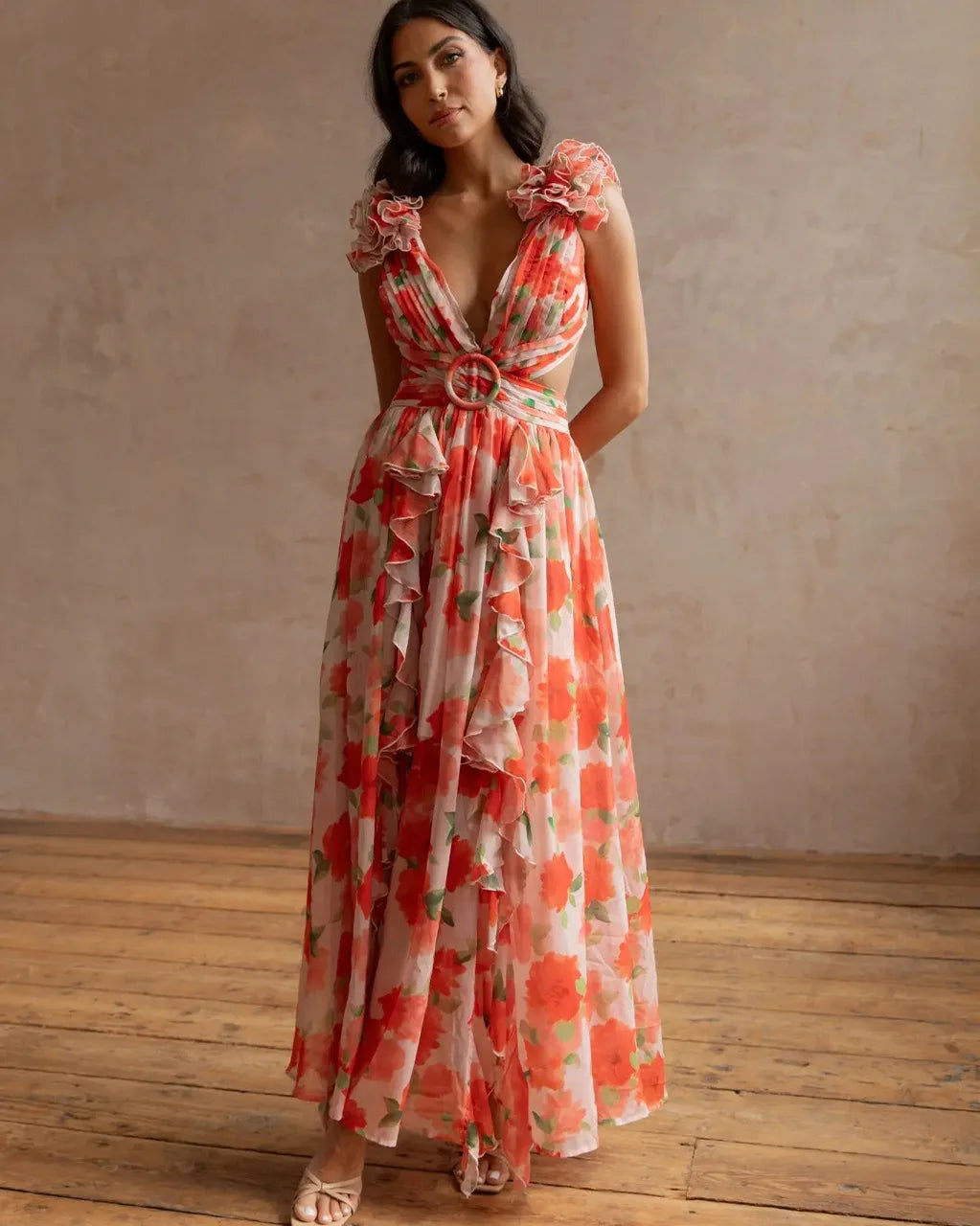 Floral Dress Women Spring Summer Deep V Neck Ruffle Hem Hollow Out Backless Maxi Dresses Bohemian Beach Sundress Outfit