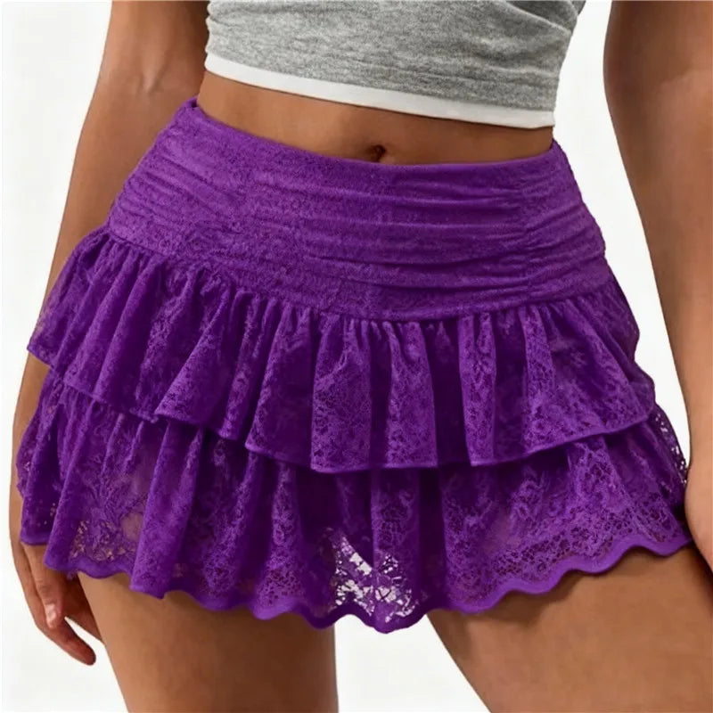 Ladies Cute Ruffle Bloomer Skirt Summer Floral Lace High Rise Tiered Flowy Mini A Line Skirt