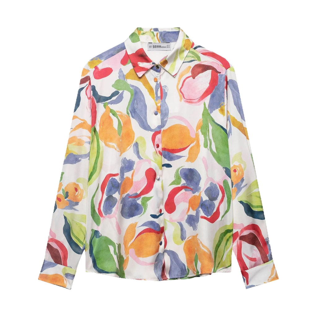Silk Satin Feel Floral Print Shirt for Women 2026 New Design Elegant Basic Style Long Sleeve Loose Fit Polyester Spring Fashion