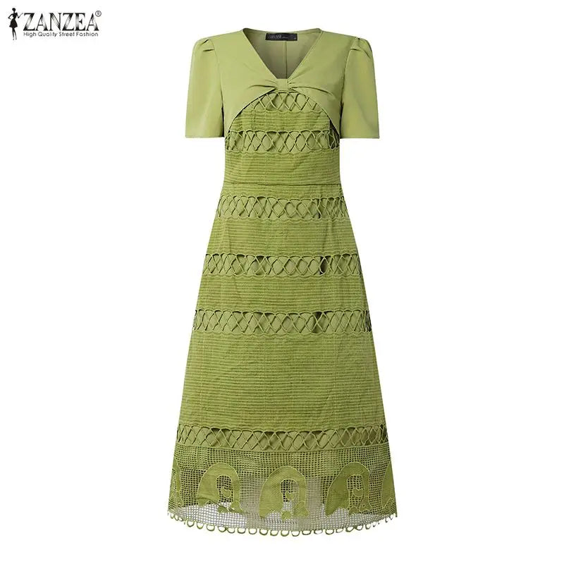 Stylish Women Lace Patchwork Dresses ZANZEA 2026 Summer Sundress Elegant V Neck Party Dress Short Sleeve Embroidered Work Robes