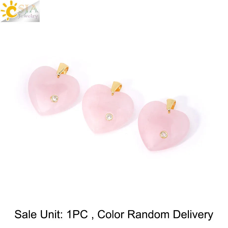 Csja Stainless Steel Heart Pendant Necklace With Natural Stone Amethyst Rose Quartz Crystal For Women DIY Jewelry Makers