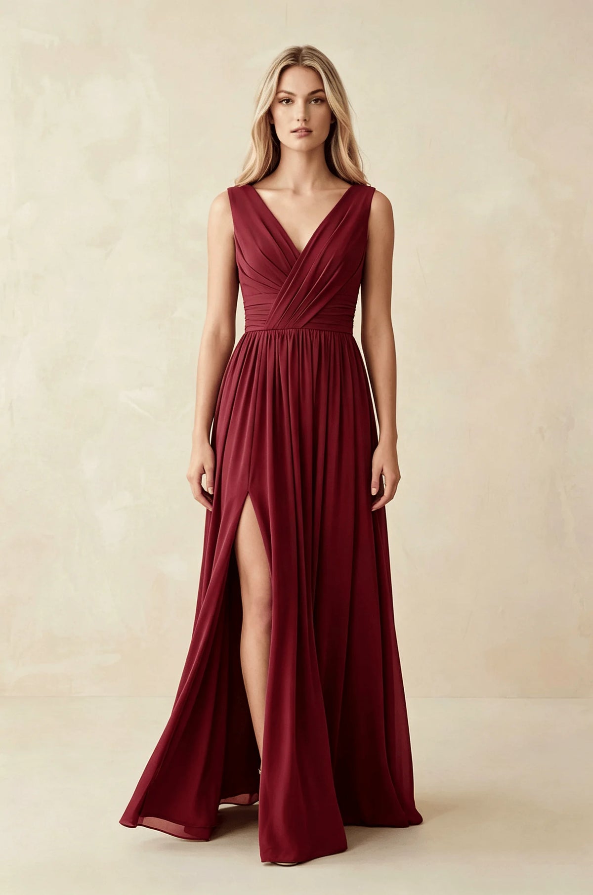 Sleeveless Deep V Neck Chiffon Formal Dress Ruched Empire Waist Front Split A‑Line Floor‑Length Bridesmaid Party Prom Dresses