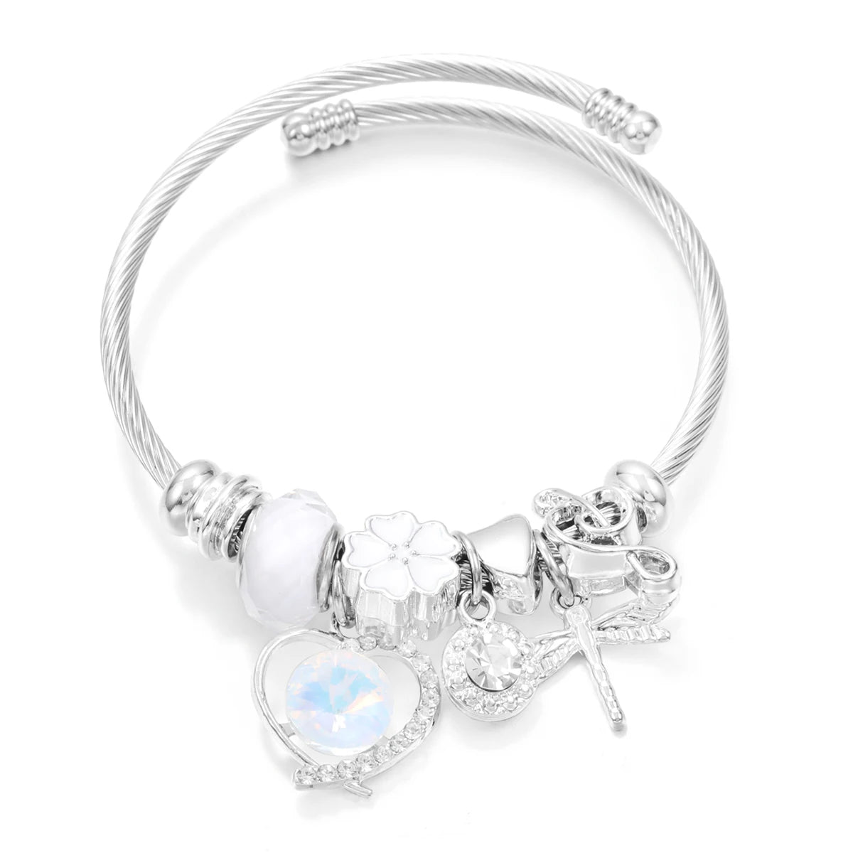 New Trendy Rhinestones Dragonfly Crystal Beaded Pendant Bracelet Stainless Steel 4 Colors Closure Bangles Women'S Bracelet Jewelry