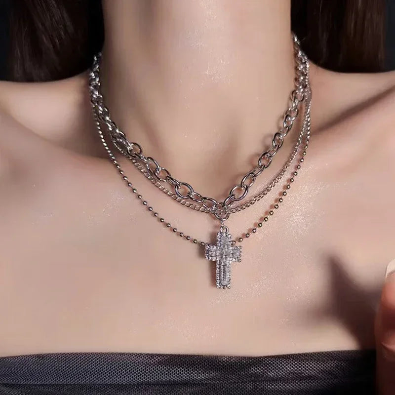 Rhinestone Cross Pendant Necklace Spicy Girl Sweet and Cool Style Multi Layered Necklace Choker Gift for Women Choker Jewelry