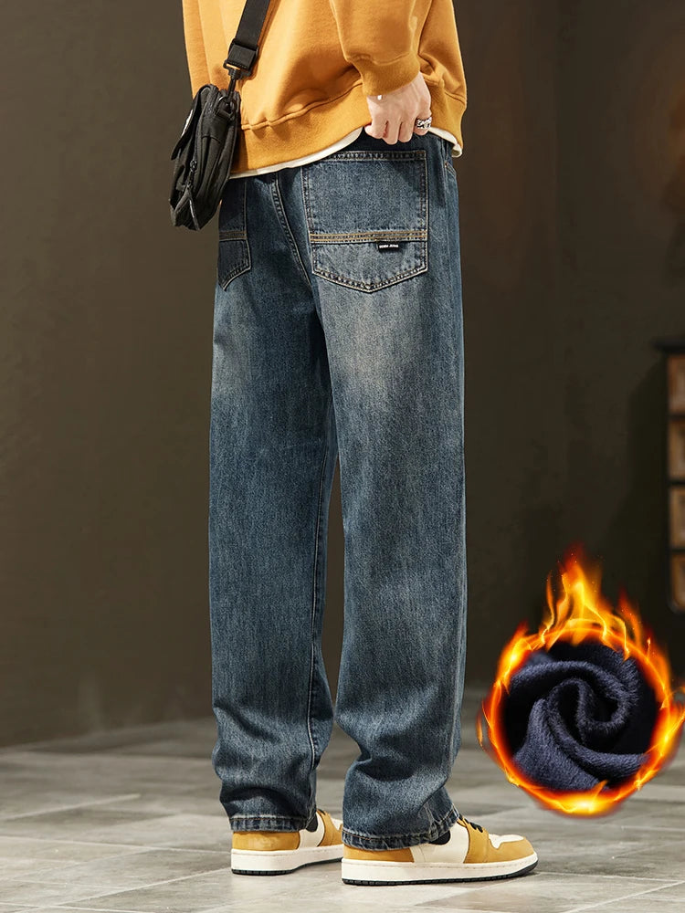 Winter Jeans Warm Fleece Thick Men's Wide Legs Denim Pants Fashion Loose Straight Retro Plush Velvet Casual Trousers Streetwear