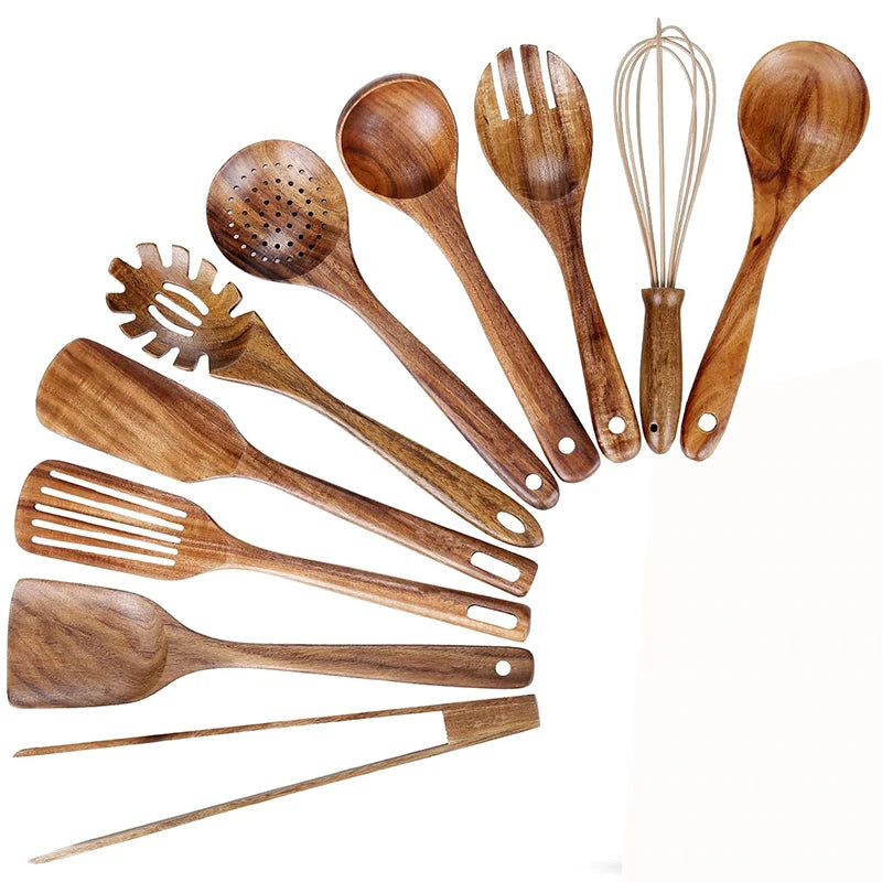 LMETJMA 10 Unidades de Utensilios de Cocina de Madera de Teca Natural, Juego de Cucharas y Espátulas de Madera para Cocinar y Hornear JT503