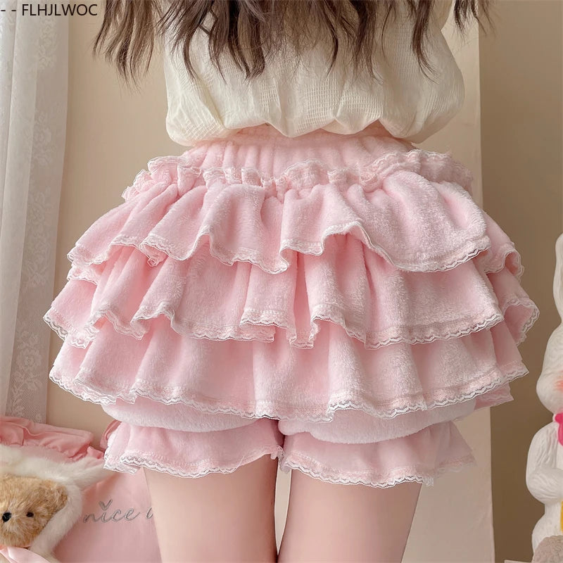 Autumn Velvet Bloomers Lolita Style Girls Cute Japan Sexy Lace Date Princess Pink Layer Puff Shorts Ruffles Lantern Small Pants