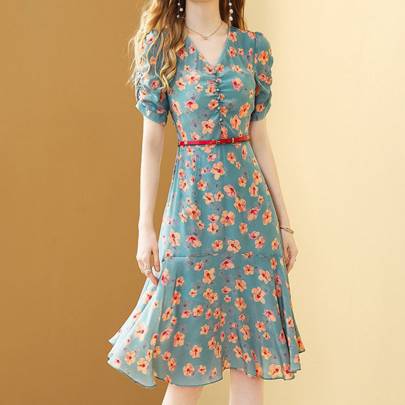 Women's Summer Floral Chiffon Lotus Leaf Dress 2021 New Fashion Print Temperament Belt Chic Female Dress Vestido Feminino Dress