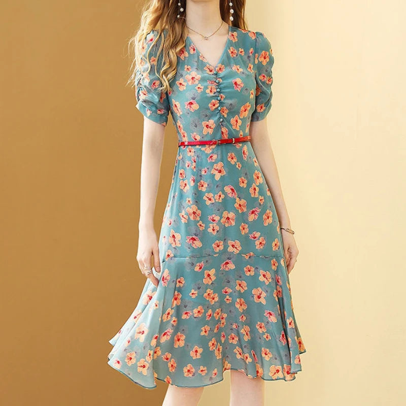 Women's Summer Floral Chiffon Lotus Leaf Dress 2021 New Fashion Print Temperament Belt Chic Female Dress Vestido Feminino Dress