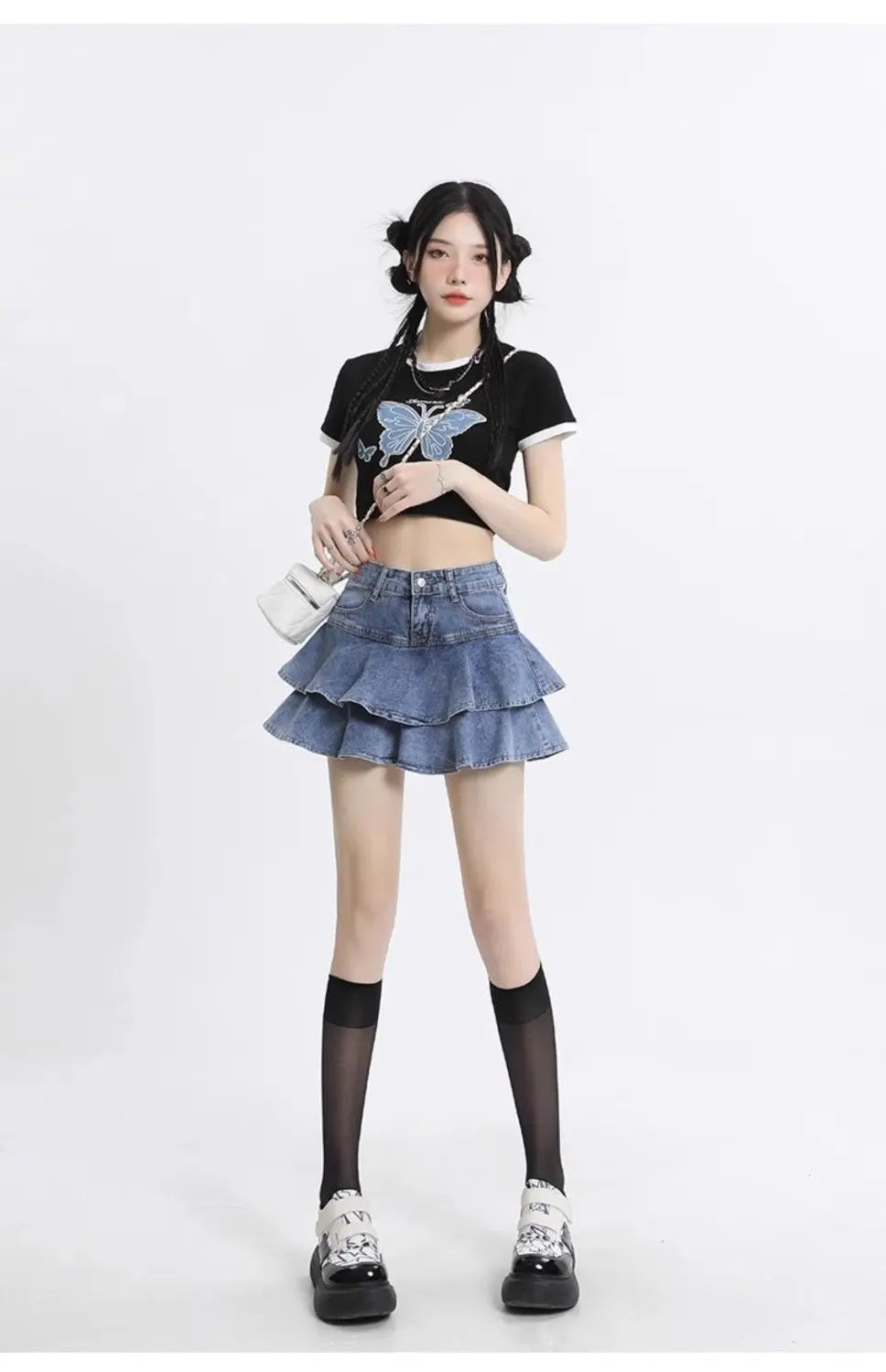 Women's Double Layer Ruffled Denim Mini Skirt With Heart Chain Decoration