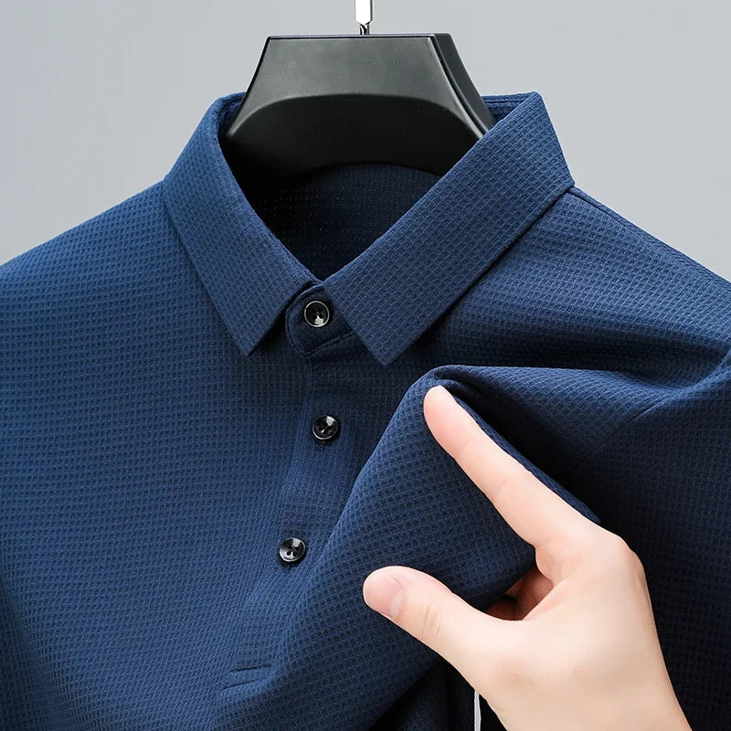 Men's Long Sleeve Polo Shirt - Solid Color Knit Casual Top