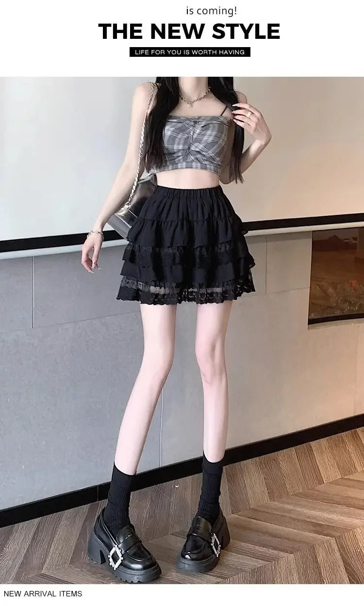 JOEVILU White Tutu Skirt A-line Elastic High Waist Mini Skirts Short Lace Cake Skirt Thin Summer Korean Fashion Goth Y2k Clothes