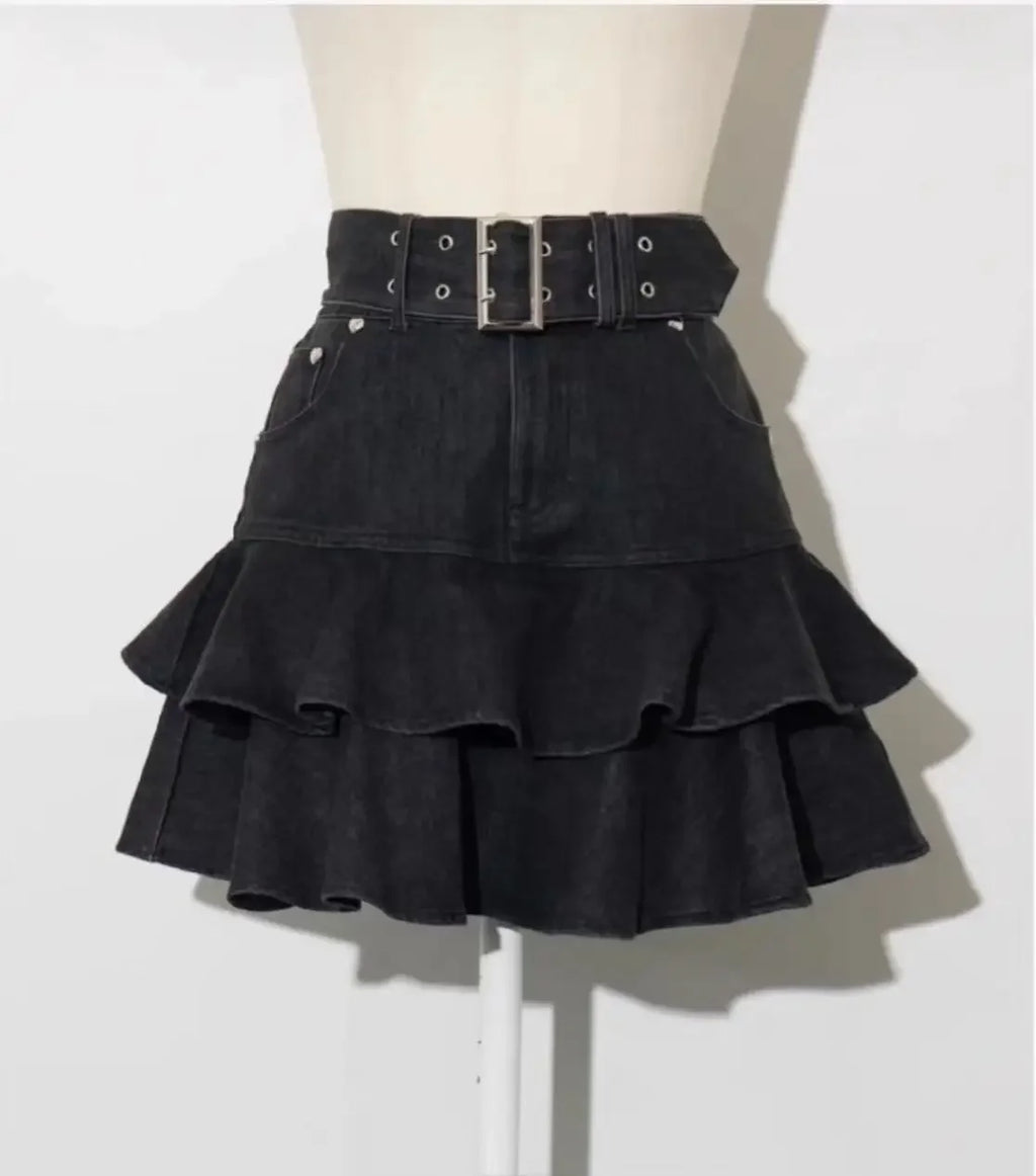 IMU Japanese Sweet Fashion Black Leather Skirt Spring Autumn New 2025 Women's High Waist Slim Elegant Denim Skirt Puffy Cake Ski