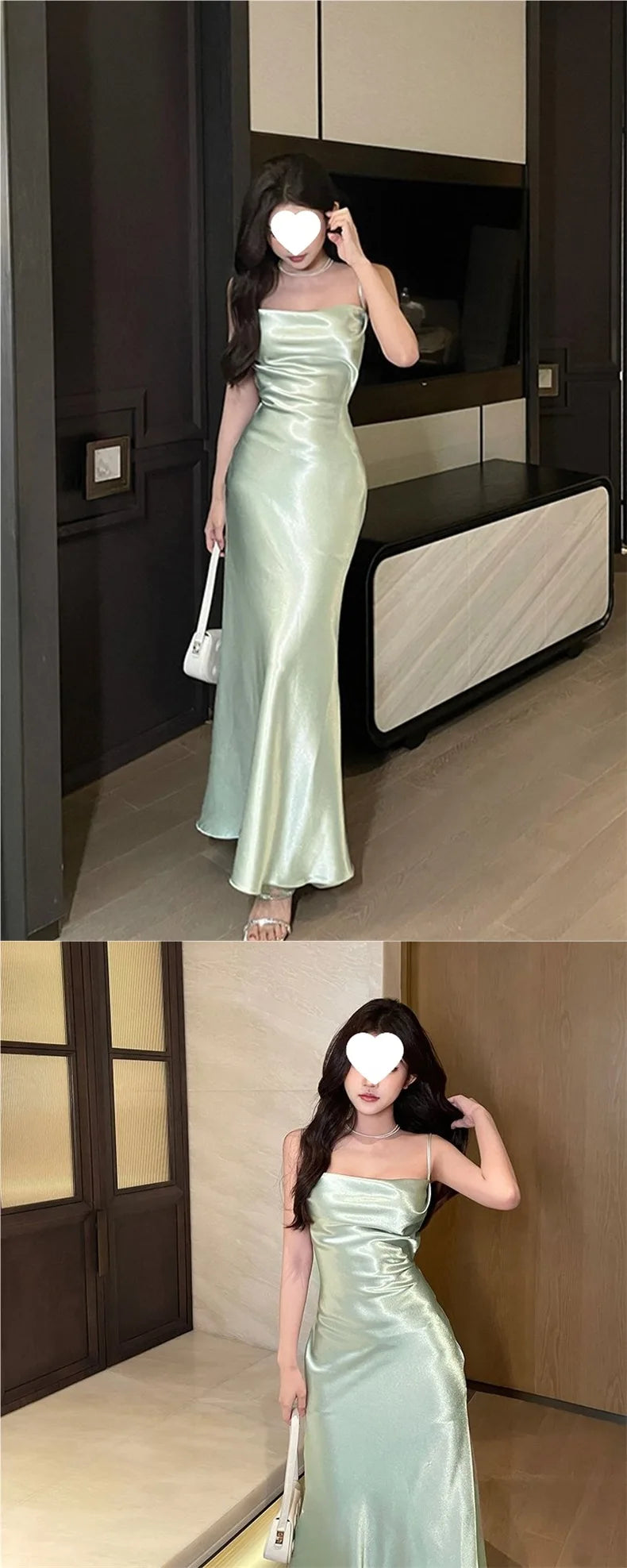 Elegant French Style Sling Satin Wrap Waist Slimming Long Dress Women's Fashion 2026 New Knitted Fabric Midi Skirt Dress
