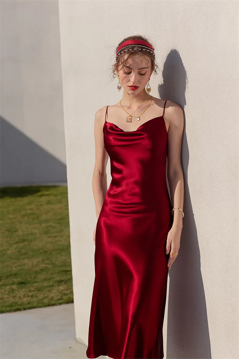 Sexy Spaghetti Strap Burgundy Vintage artificial silk Party Dresses Summer Women Satin Slip Dress Femme long Robe Vestidos