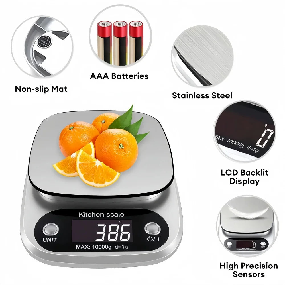 Báscula de cocina digital de 10 kg/1 g, de alta precisión, con pantalla LCD, para alimentos, joyería, café, repostería, portátil, herramientas de cocina de alta calidad
