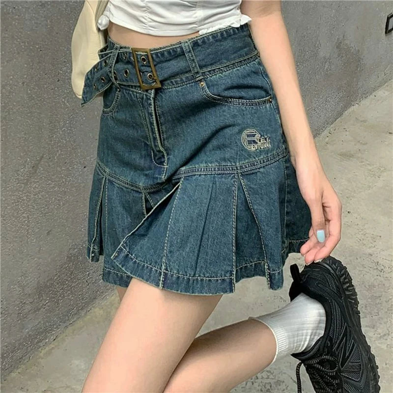 Korean Blue Denim Skirt Women Harajuku Y2K Pleated Mini Skirt Street Vintage Preppy Style High Waisted Embroidery Skirt