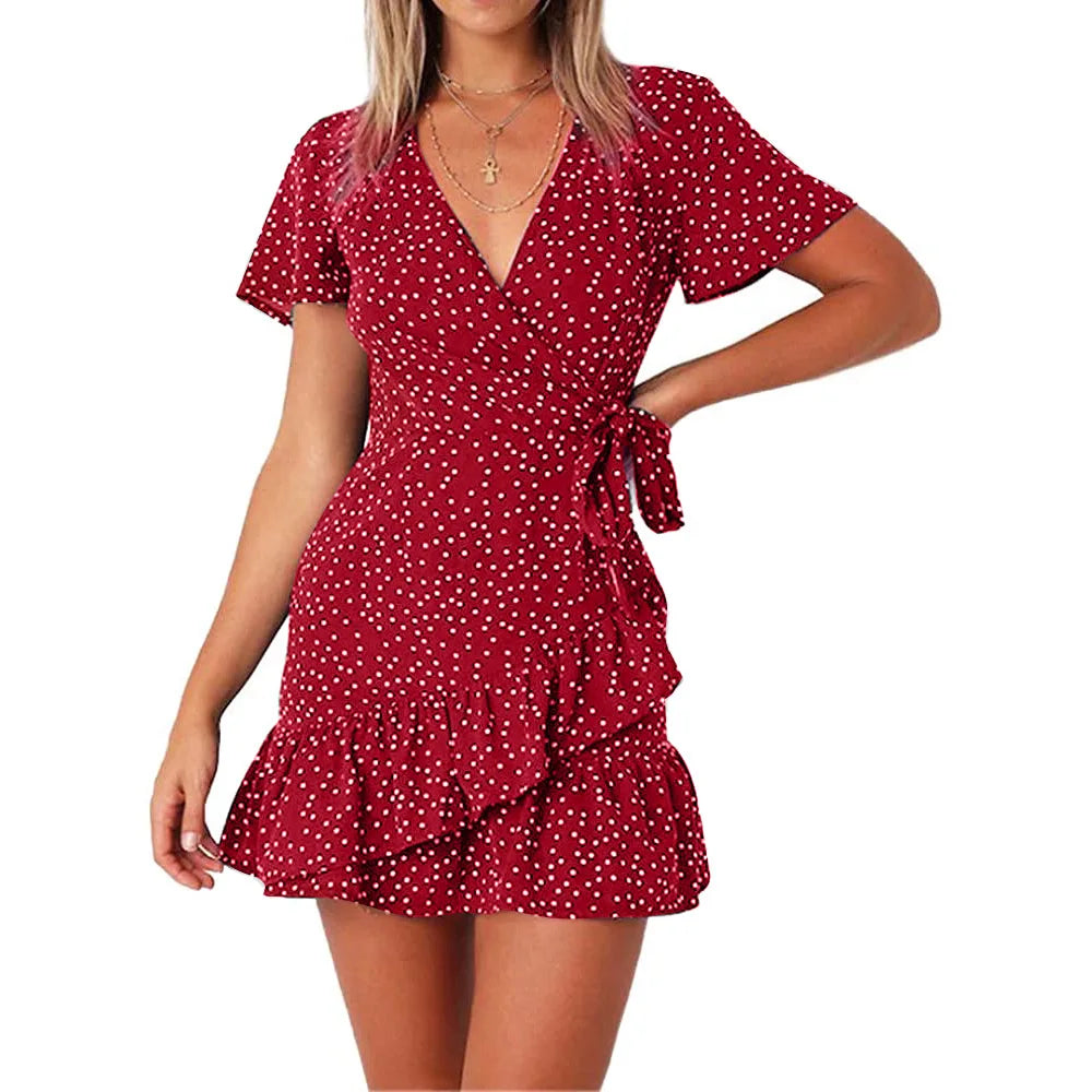 Summer 2026 Polka Dot Print Mom and Daughter Matching Clothes Ruffles Lace-up Dresses Short Sleeve Mini Dress Cute Holiday Look