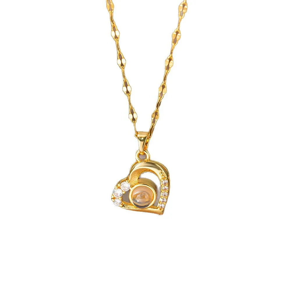 New Micro-Inlay Zircon Swan Flower Heart Projection Moon Pendant Necklace For Women'S Stainless Steel Valentine'S Day Jewelry