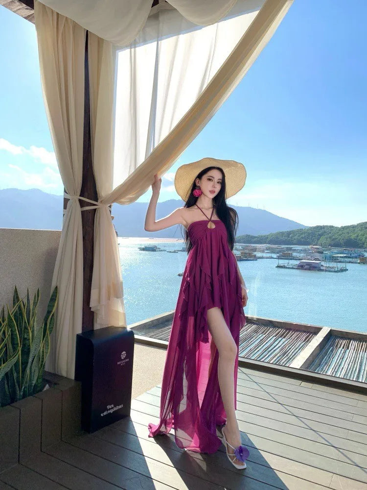 Purple Beach Vacation Photography Dress Women's Sleeveless Gown Luxury Design Sensation Halter Neck Chiffon Long Skirt