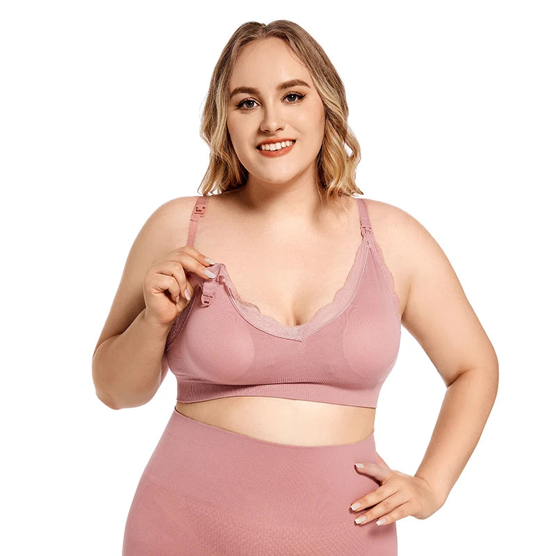Plus Size Wireless Front Open Nursing Bra Soft Lace Breathable Seamless Maternity Breastfeeding Bras Maternal Support Pregnant
