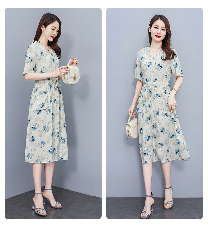 New Fashion 2025 Summer dresses For Women V-Neck Plus Size Woman Cothing Loose Short Sleeve Women Print Dresses
