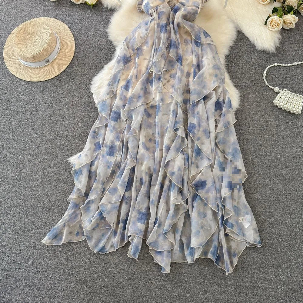 Fashionable Beach Vacation Strapless Backless Slimming Print Chiffon Dress with Ruffle Hem Gradient Coloring Knitted Fabric